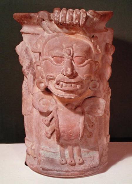Cylindrical vase with the head of a sun god, Classic Period à Mayan