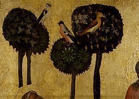 Détail du panneau Christ au mont des oliviers : oliviers et oiseaux