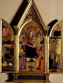 Movable-triptyque madonne avec l'enfant et les Saints, sur les ailes naissance et crucifixion du Chr