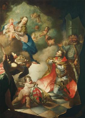 Saint Stéphane offre dessus sa couronne la jeune femme Sainte