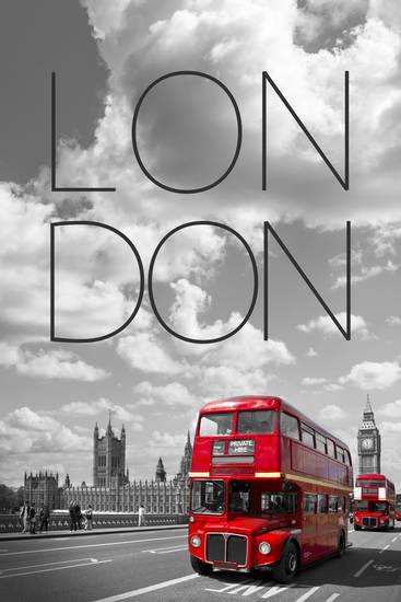 Bus rouges à Londres | Texte & Skyline