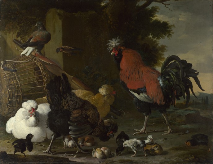 A Cock, Hens and Chicks à Melchior de Hondecoeter