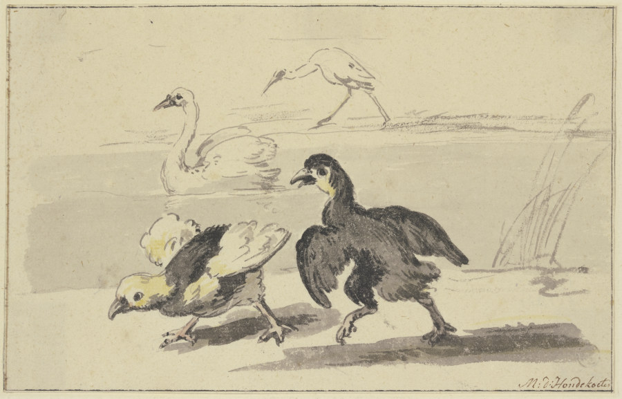 Zwei junge Schwäne nach links laufend, auf dem Wasser das Elterntier, hinten ein Storch à Melchior de Hondecoeter