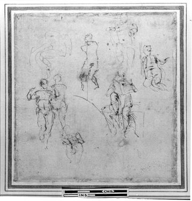 Figure studies for the Lunettes of the Sistene Chapel Ceiling, c.1511 (pen & black chalk on paper) à Michelangelo Buonarroti