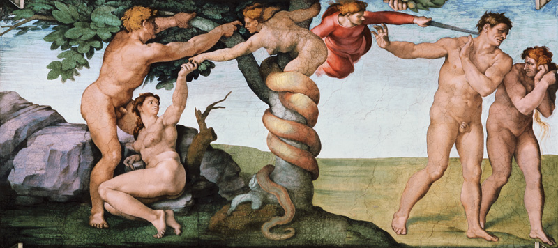 La temptation par le serpent et l'expulsion du paradis (Détail de la chapelle Sixtine) à Michelangelo Buonarroti