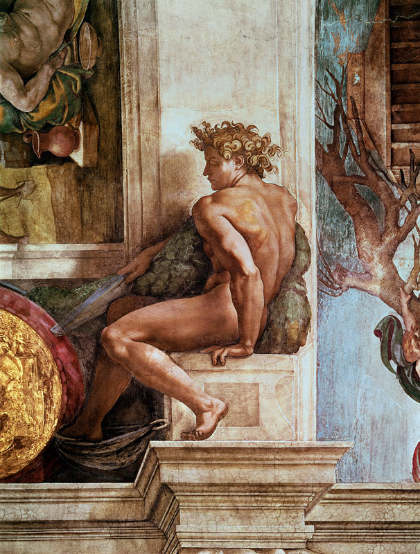 Ignudo from the Sistine Ceiling (pre restoration) à Michelangelo Buonarroti
