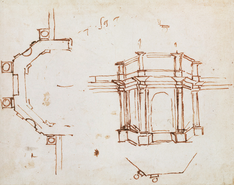 W.24r Architectural sketch (pen & ink) à Michelangelo Buonarroti