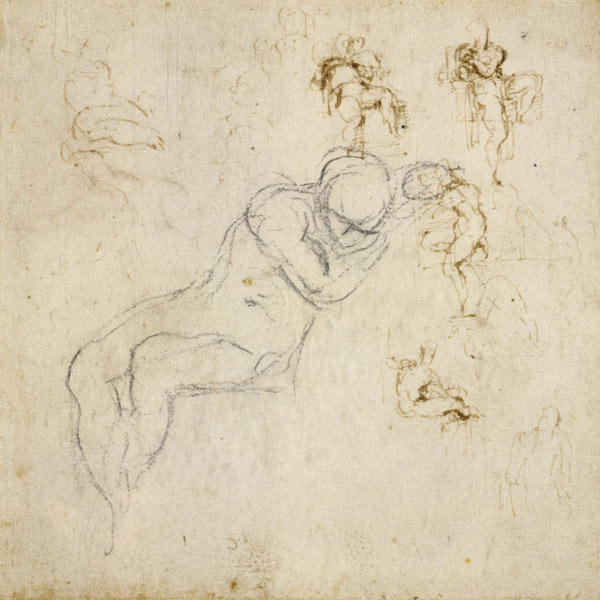 Figure Study, c.1511 (black chalk, pen & ink on paper) à Michelangelo Buonarroti