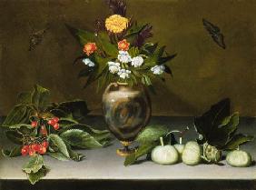 Vase avec des fleurs, cerises, figues et deux papillons
