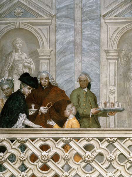 Group of five people including a waiter with a plate à Michelangelo Morlaiter