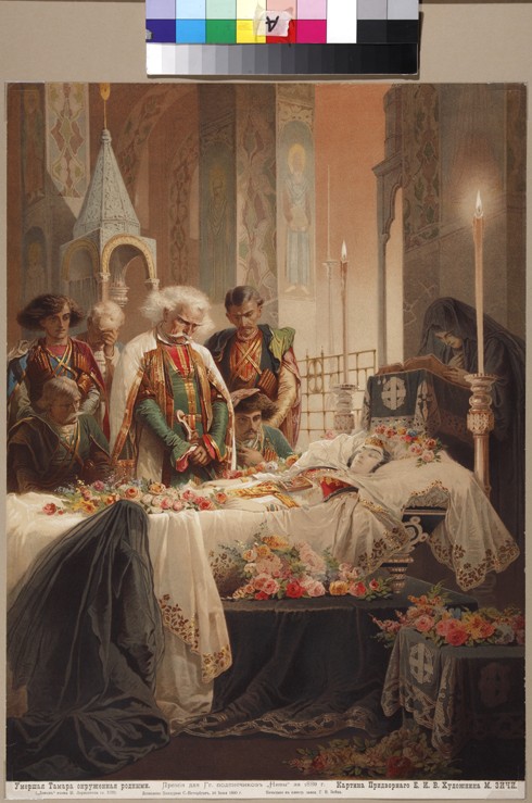 Tamara in the coffin. Illustration to the poem "The Demon" by Mikhail Lermontov à Mihaly von Zichy