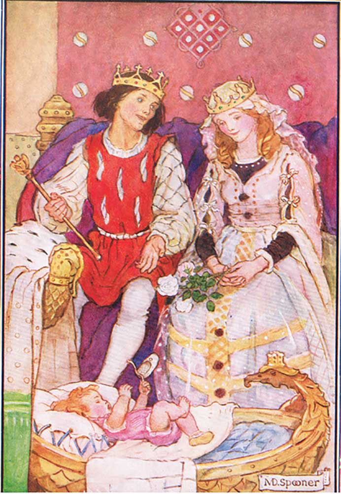 Their baby was in a golden cradle at their feet (from the story The Magic Candles), illustration fro à Minnie Didbin Spooner