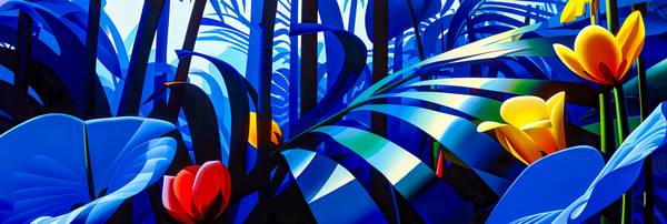 Ein leuchtend blauer Dschungel mit exotischen Pflanzen und tropischen Blumen à Miro May