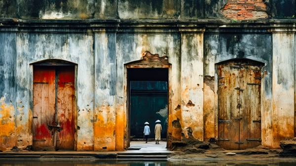 Menschen in der Altstadt von Hanoi. Alte Wände in Vietnam. à Miro May