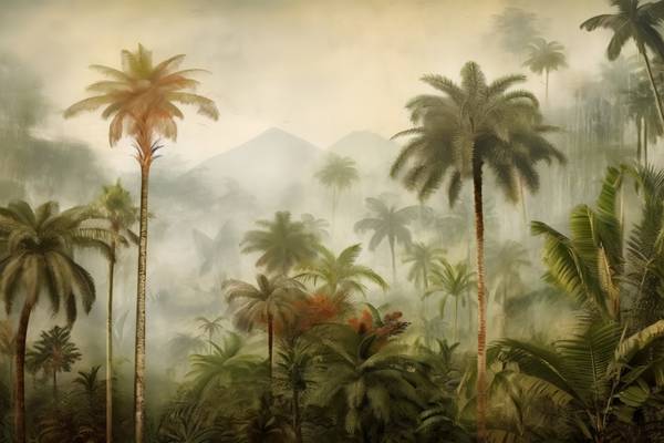 Tropische Landschaft mit Palmen und Bergen. Nebel im Regenwald. Grüne Landschaft am morgen. Natur à Miro May