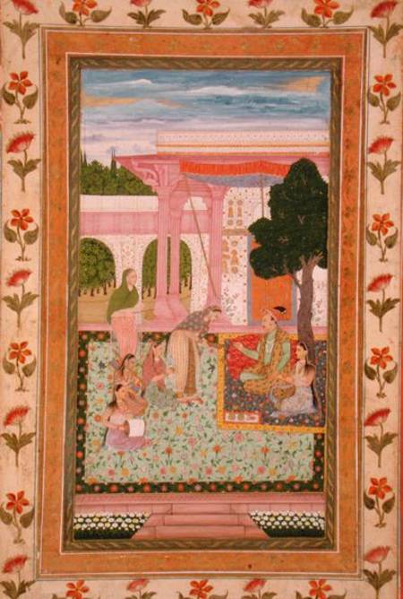 Emperor Jahangir (1569-1627) with his consort and attendants in a garden, from the Small Clive Album à École moghole