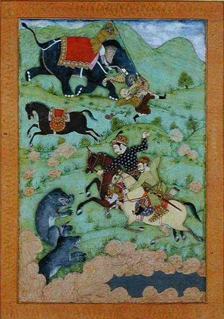 Rajput princes hunting bears; a mahout and his elephant rescue a fallen horseman from a tiger, from à École moghole