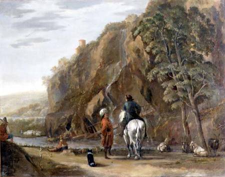 Italianate landscape with figures and a horse on a road à Nicolaes Berchem