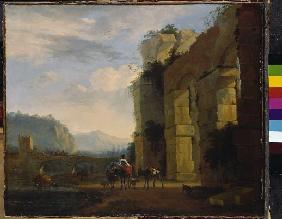 Paysage italien avec des ruines d'aqueduc