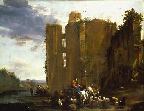 Paysage italien de ruines avec le troupeau