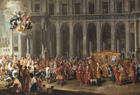 The Departure of Alois Thomas von Harrach Viceroy of Naples (1669-1742) from the Palazzo Reale di Ca à Nicolo Maria Russo ou Rossi