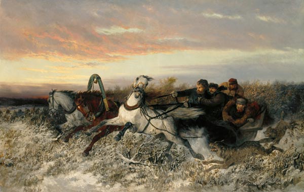 Pferdeschlitten, von Wölfen verfolgt à Nikolai Egorevich Sverchkov