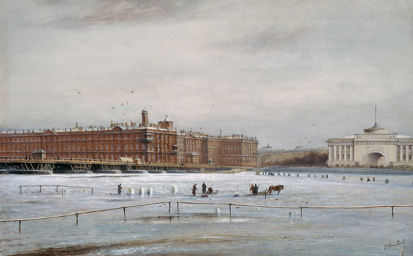 vue du palais d'hiver par le chemin glacés de Newa (Saint Petersbourg) à Nikolai Konstantinov. Bool
