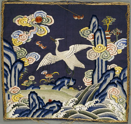 A Blue-Ground Embroidered Mandarin Square Depicting An Egret à 