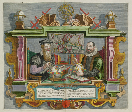 A Hand Coloured Engraving Of Cartographers Gerard Mercator (1512-1594) And Jodocus Hondius (1563-161 à 