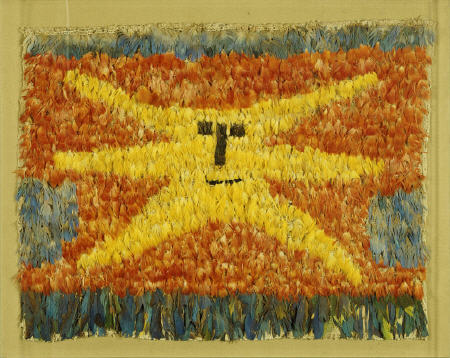 A Huari Feathered Panel Sewn All Over With Feathers On A Cotton Ground With A Yellow Sunburst Face W à 