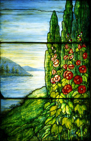A Mountainous Lake Scene With Red Blossoming Hollyhocks And Arbor Vitae Painted And Leaded Glass Lan à 