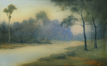 An Earthenware Scenic Plaque By Rookwood, Depicting A View Of A River And Wooded Banks,  Decorated B à 