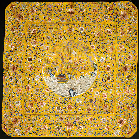 An Imperial Throne Cover Of Golden Yellow Silk Satin Densely Embroidered In Coloured Silks, à 