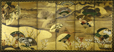 A Six-Panel Screen Painted In Sumi, Colour And Gofun On Paper Sprinkled With Gold And Silver With Sc à 