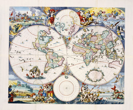 Hand-Coloured Engraved And Etched Wall-Map Of The World On 4 Sheets Cornelis III Danckerts (1664-171 à 