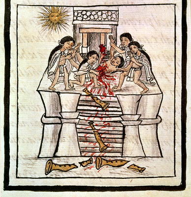 Ms Laur. Med. Palat. 218 f.84v Human sacrifice at the temple of Tezcatlipoca from a history of the A à 