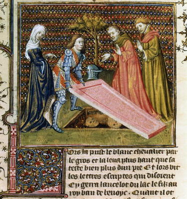 Ms.Fr.118 f.190 Lancelot lifts the stone off his own predestined grave and learns his name and paren à 
