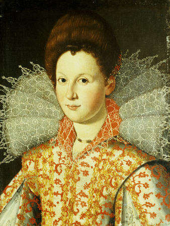 Portrait Of A Lady, Bust Length, Wearing An Embroidered Dress With Lace Ruff Collar à 