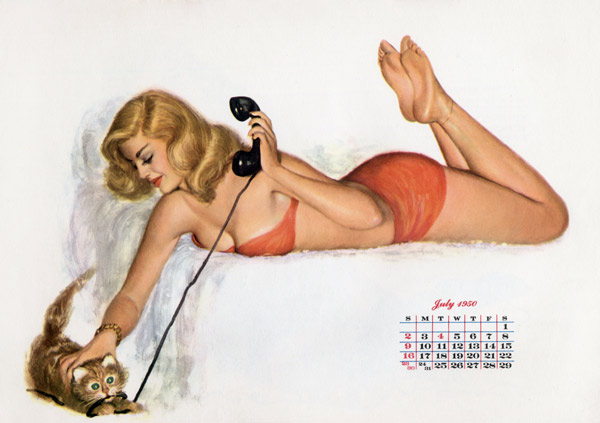 Pin up with a cat playing with phone wire, from Esquire Girl calendar à 