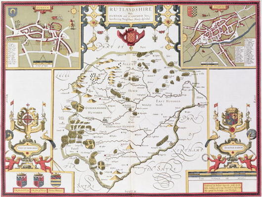 Rutlandshire with Oukham and Stanford, engraved by Jodocus Hondius (1563-1612) from John Speed's 'Th à 