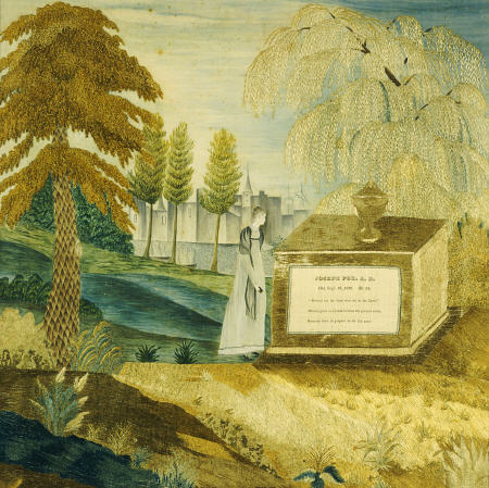 Silk-On-Silk Needlework Picture Depicting A Mourning Woman By The Tombstone Of Joseph Fox à 