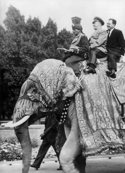 The field marshal Georgi Joukov, soviet Defence minister in New Delhi in India on an elephant à 