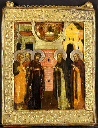 The Appearance Of The Holy Mother Of God To Saints Sergei And Nikon, Depicted Full Length, In Front à 
