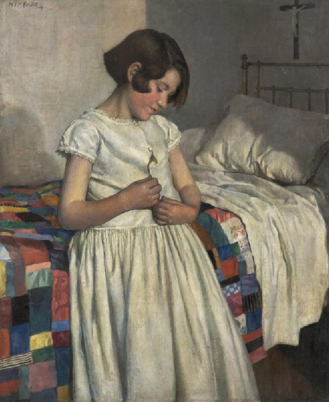 The Patchwork Quilt, 1919 (oil on card) à Nora Lucy Mowbray Cundell