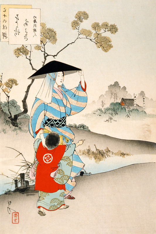 Woman and child (colour print) à Ogata Gekko