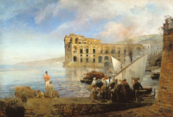 Baie près de Naples avec le palais de la reine Johanna.