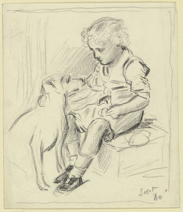 Sitzender Knabe mit sitzendem Hund à Otto Scholderer