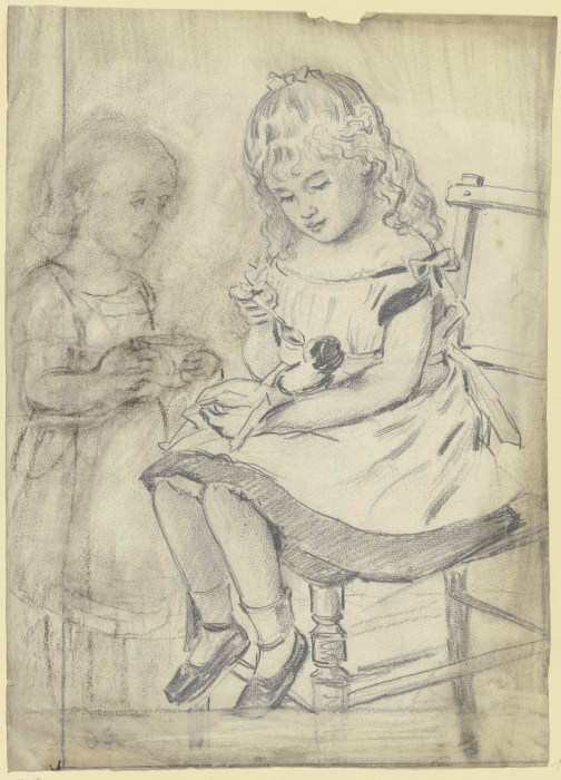 Zwei Kinder füttern eine Puppe à Otto Scholderer