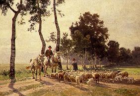 Berger de mouton avec le troupeau causant avec un paysan à cheval