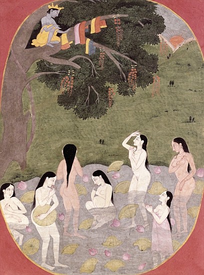 Krishna with the Cow Girls'' clothes, Tehri-Garhwal, c.1820-30 à École Pahari